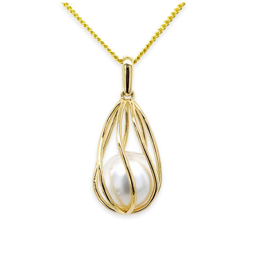18ct Yellow Gold 10-10.5mm South Sea Pearl Twist Cage Pendant