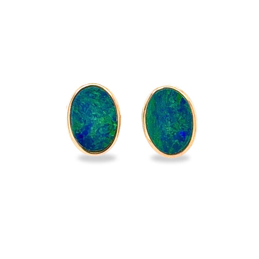 14ct Yellow Gold Freefrom Doublet Opal Studs