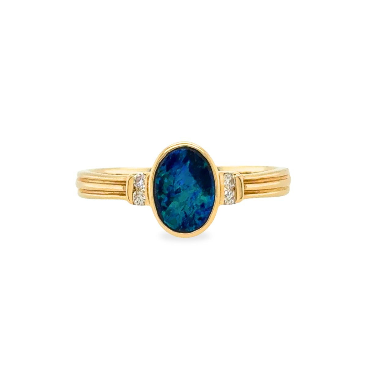 14ct Yellow Gold Doublet Opal & Diamond Ring