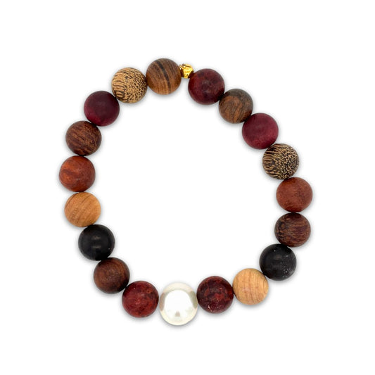 Arafura Collection South Sea Pearl & Mixed Wood Stretch Bracelet