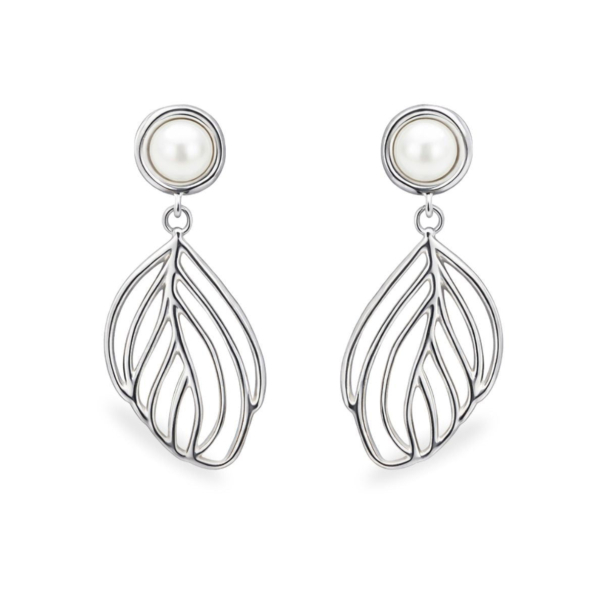 Sterling Silver Freshwater Pearl Open Leaf Drop Studs
