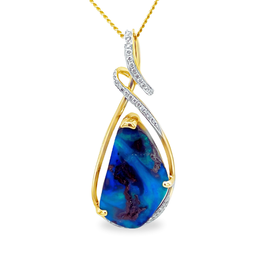 9ct Yellow Gold Freeform Australian Boulder Opal And Diamond Pendant