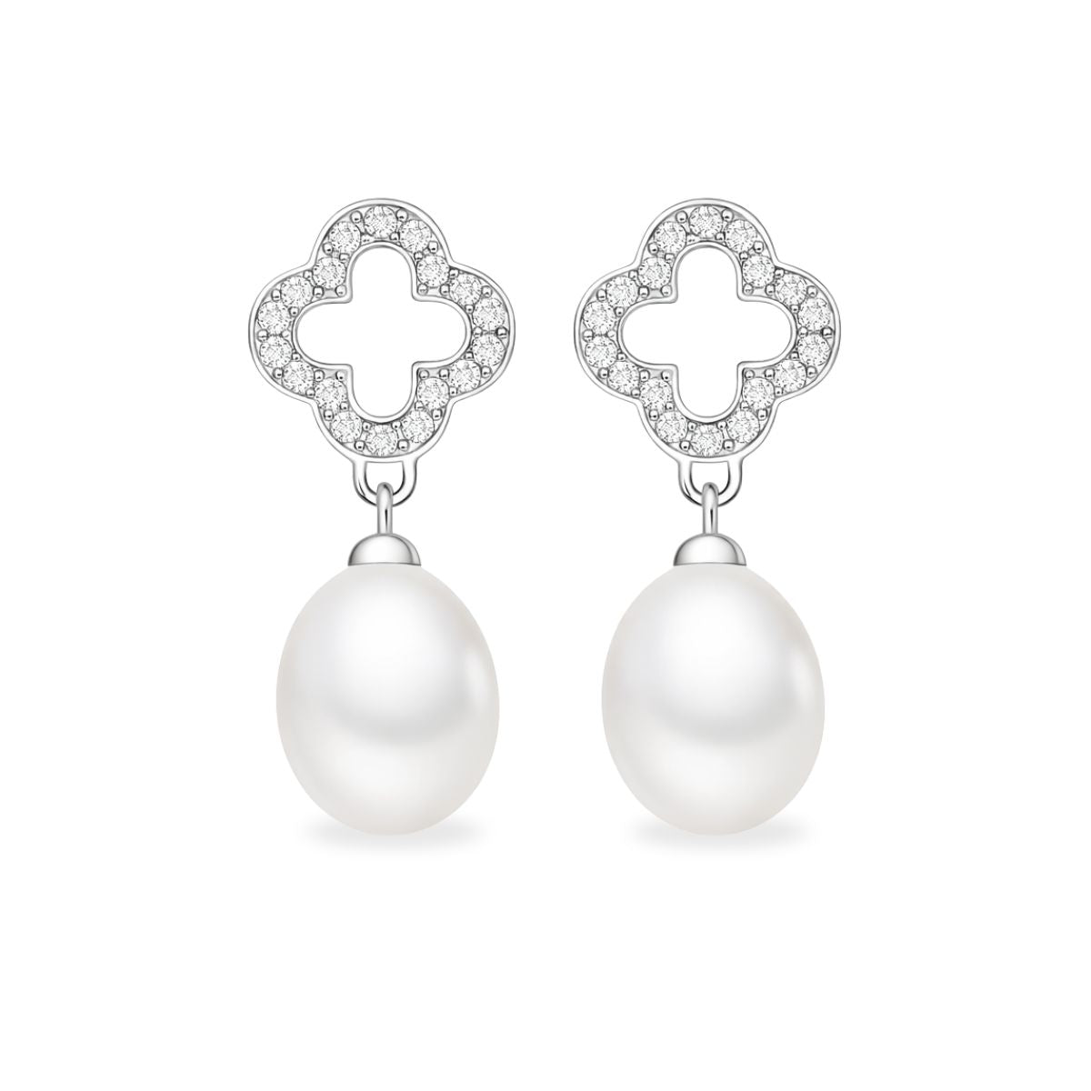 Sterling Silver Freshwater Pearl & Cubic Zirconia Flower Drop Studs