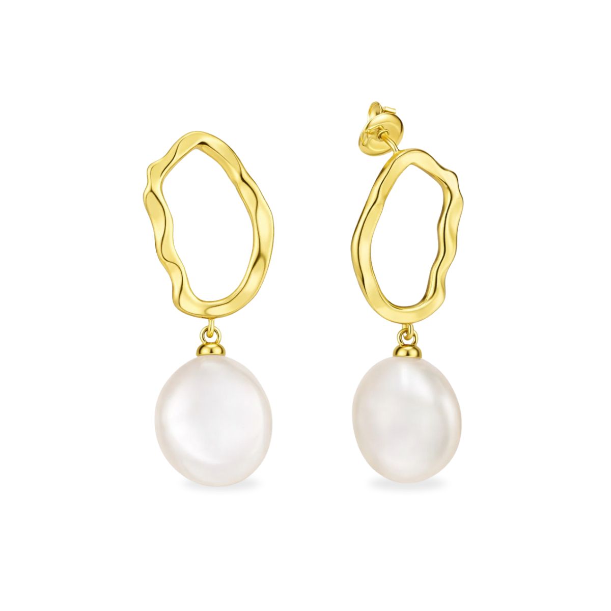 Sterling Silver Gold Tone Freshwater Pearl Open Wave Drop Studs