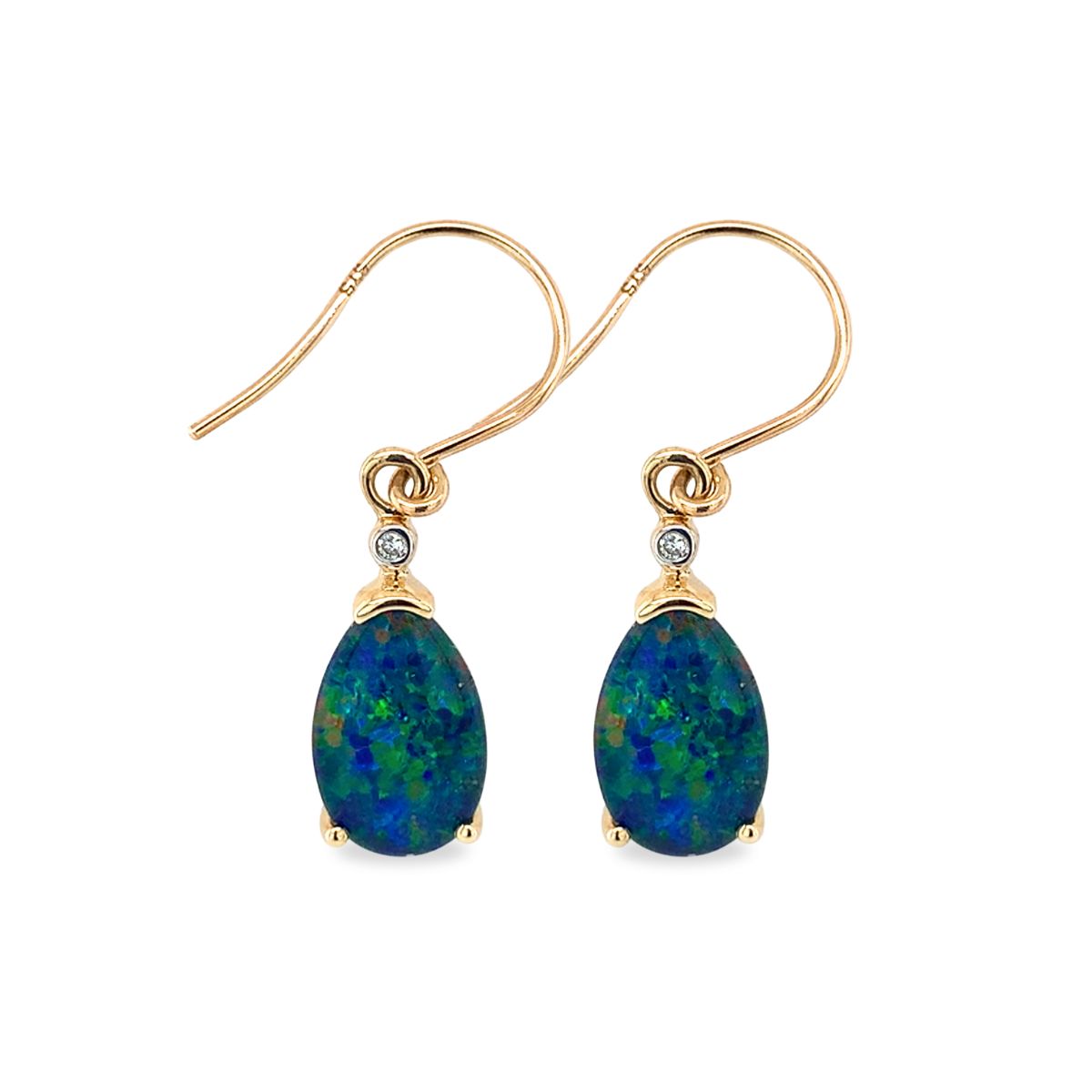 9ct Yellow Gold Australian Triplet Opal And Diamond Hook Earrings