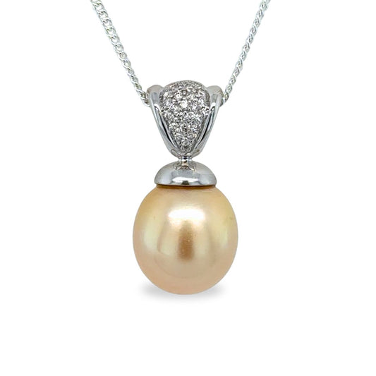 9ct White Gold 13mm Gold South Sea Pearl & Diamond Pendant