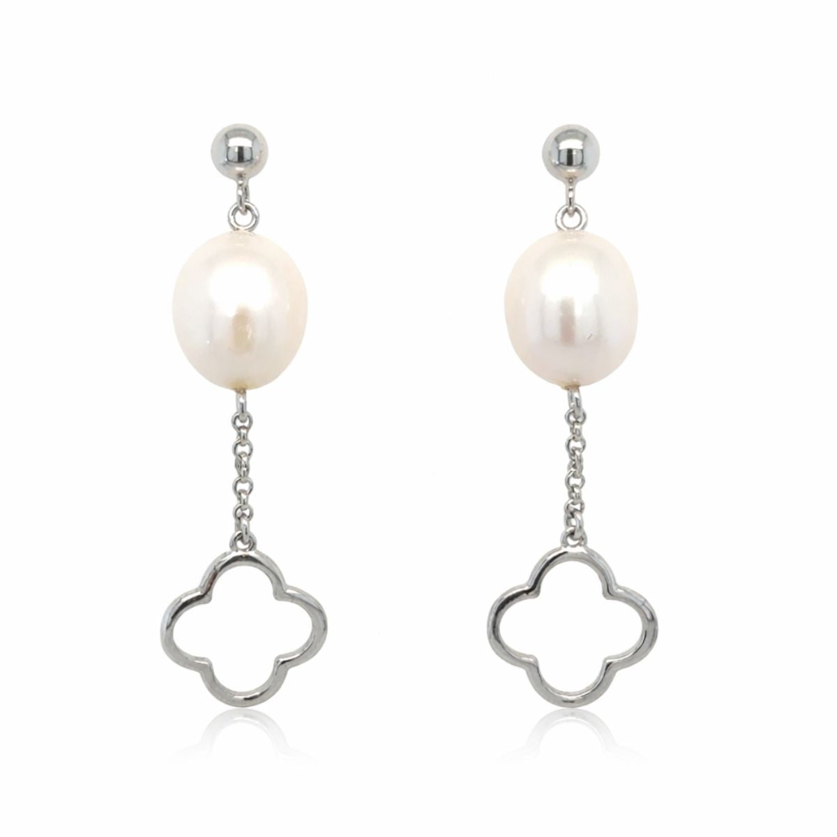 Sterling Silver 10mm Freshwater Pearl Clover Drop Studs