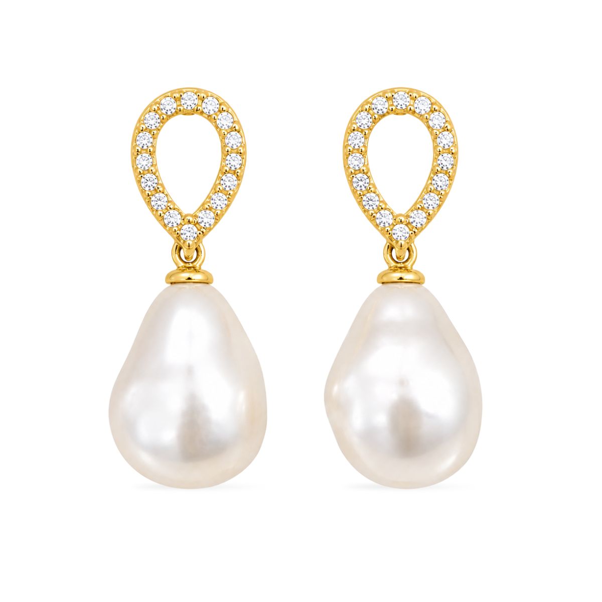 Gold Tone Sterling Silver Barqoue Freshwater Pearl & Crystal Studs