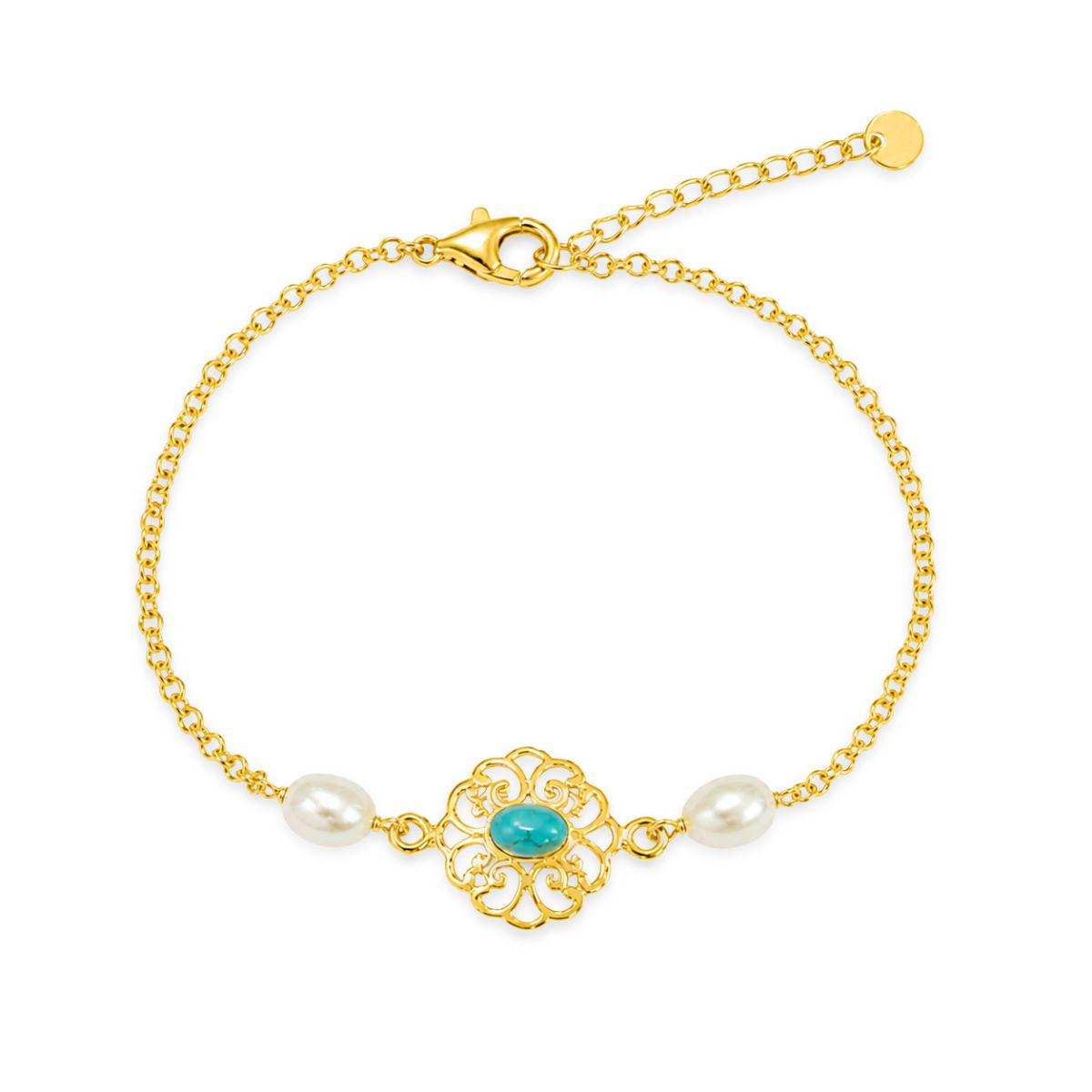 Gold Tone Sterling Silver Created Turquoise Freshwater Pearl Bracelet