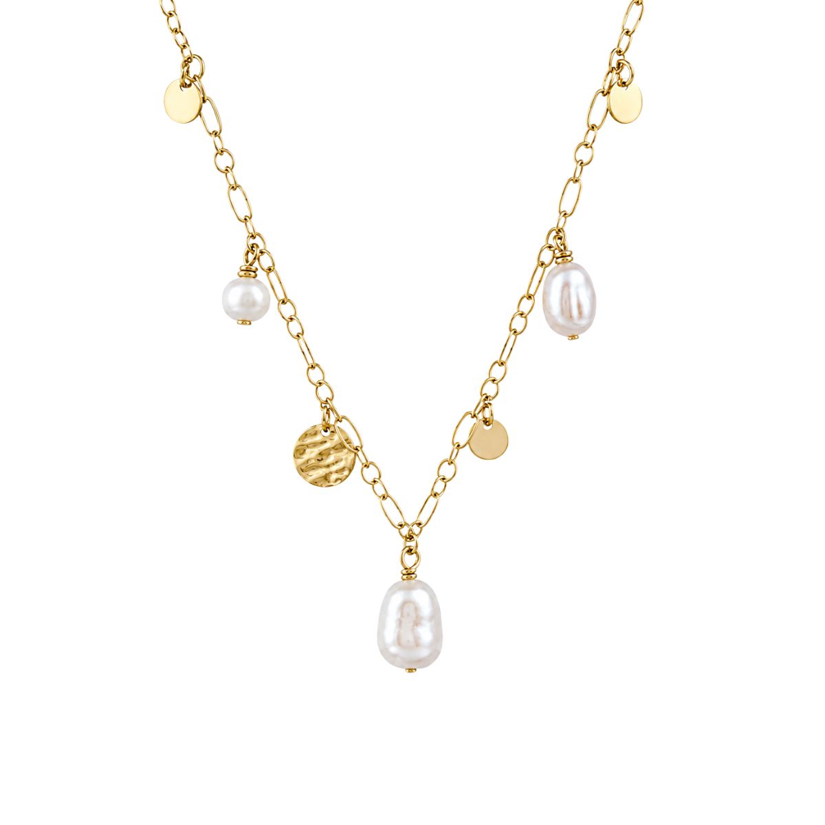 Gold Tone Sterling Silver 45cm Freshwater Pearl & Disc Necklace
