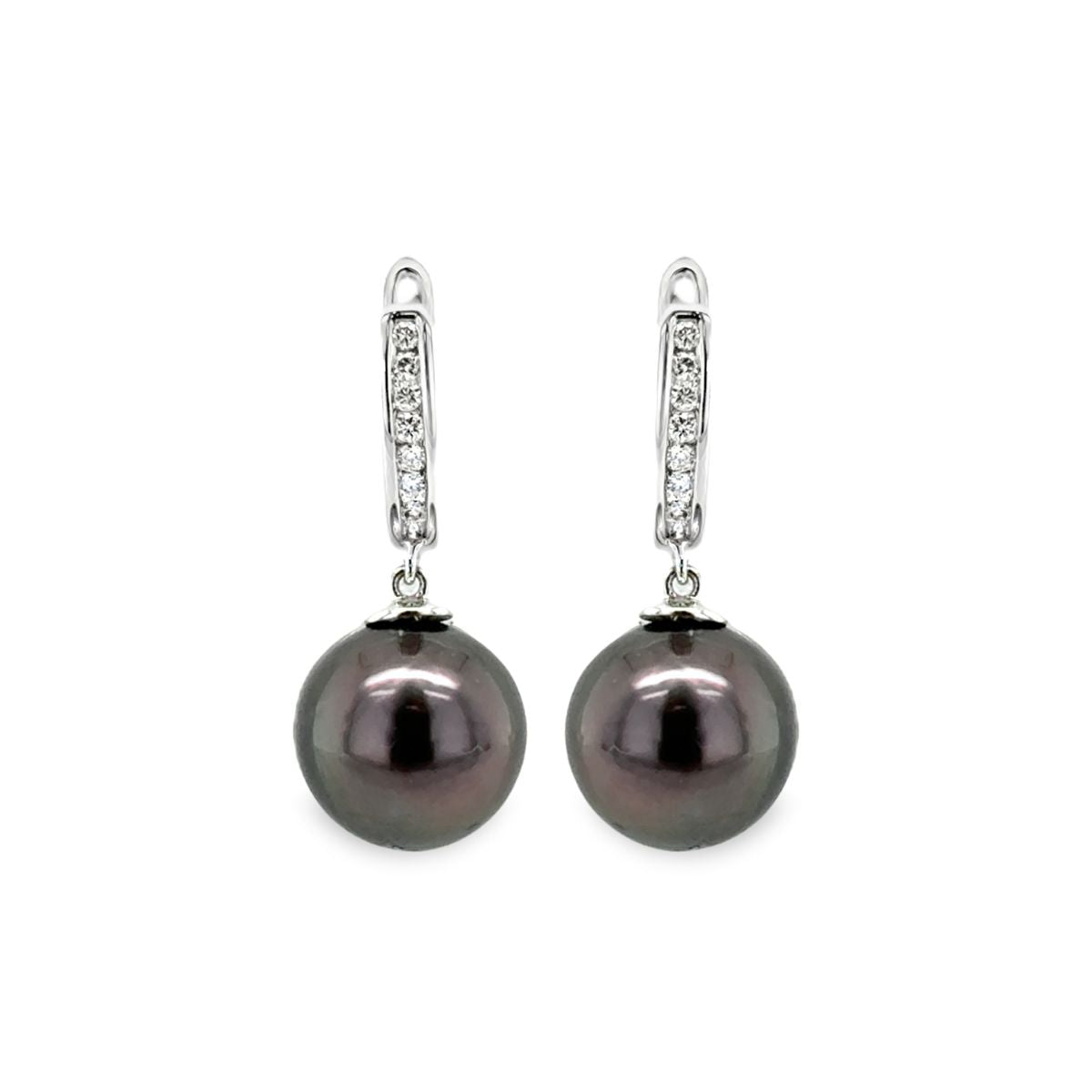 9ct White Gold 9-10mm Tahitian Pearl & Diamond Hoops