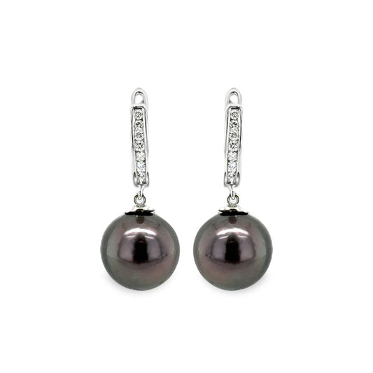 9ct White Gold 9-10mm Tahitian Pearl & Diamond Hoops