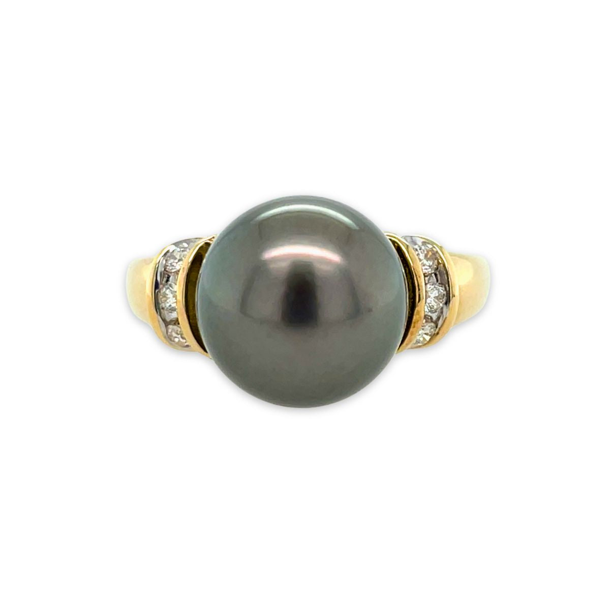 9ct Yellow Gold 10mm Tahitian Pearl & Diamond Curve Ring