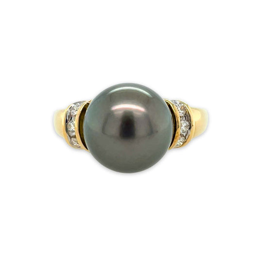 9ct Yellow Gold 10mm Tahitian Pearl & Diamond Curve Ring