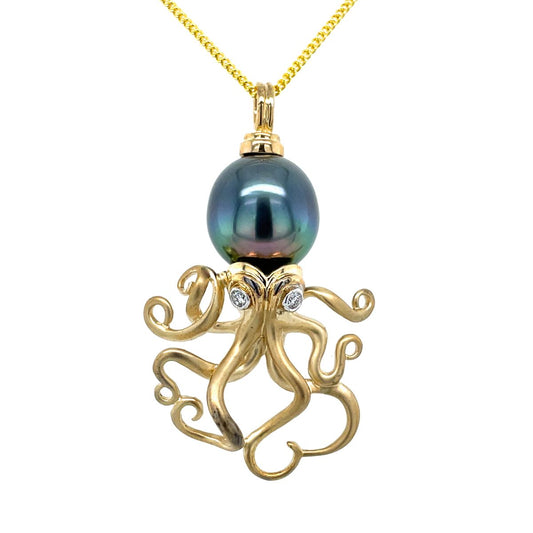 9ct Yellow Gold 13mm Tahitian Pearl Octopus Pendant
