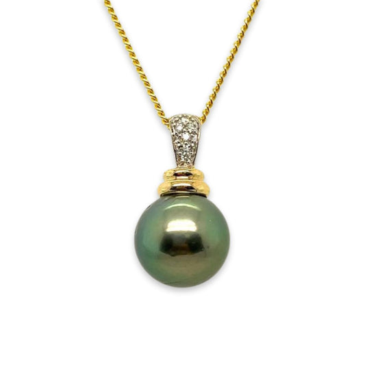 9ct Yellow Gold 11mm Tahitian Pearl & Diamond Pendant