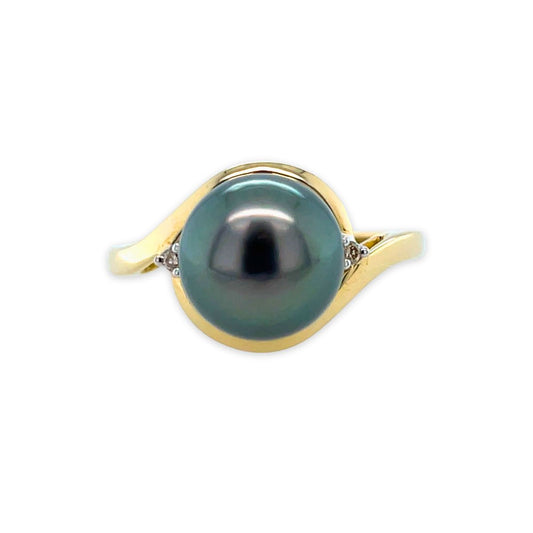 9ct Yellow Gold 9mm Tahitian Pearl & Diamond Ring