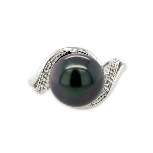 9ct White Gold 10mm Tahitian Pearl & Diamond Wrap Ring