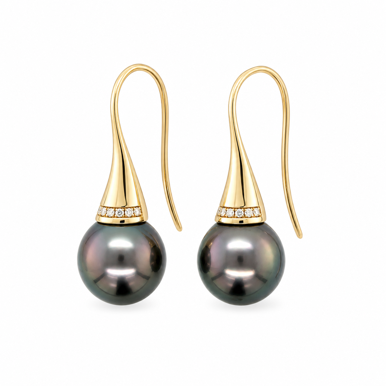 9ct Yellow Gold 10-12mm Tahitian Pearl & Diamond Hooks