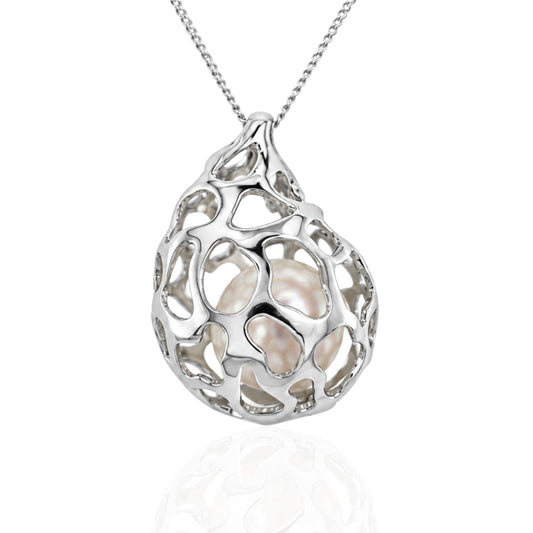 9ct White Gold South Sea Pearl Large Basket Pendant