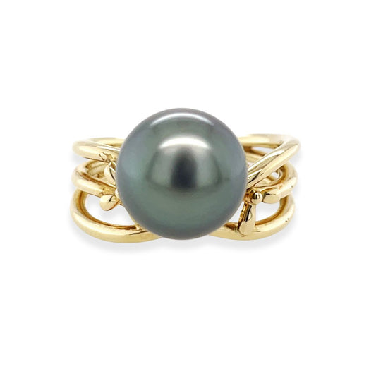 9ct Yellow Gold 10mm Tahitian Pearl Crossover Ring