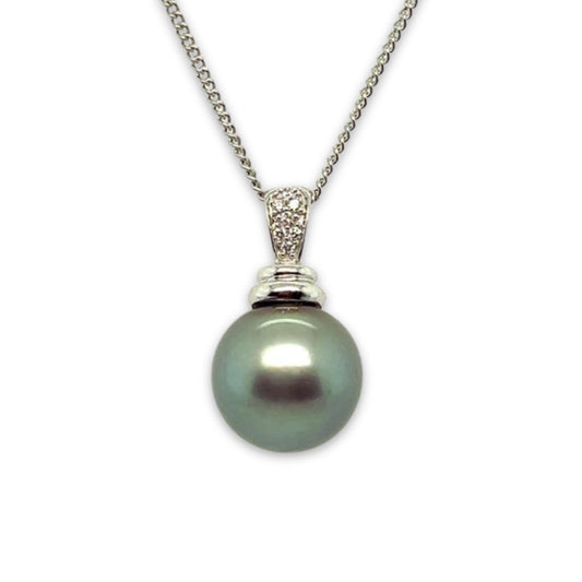 9ct White Gold 12mm Tahitian Pearl & Diamond Pendant