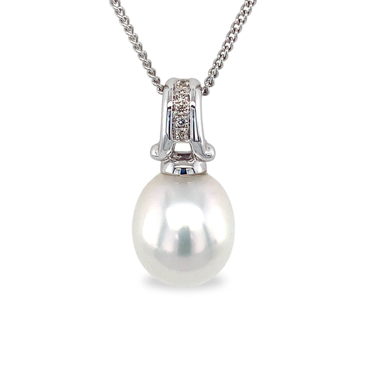 9ct White Gold 11.5mm South Sea Pearl & Diamond Scroll Pendant
