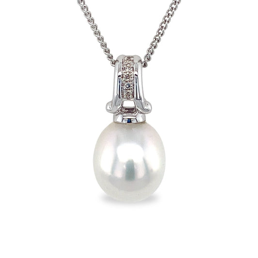 9ct White Gold 11.5mm South Sea Pearl & Diamond Scroll Pendant