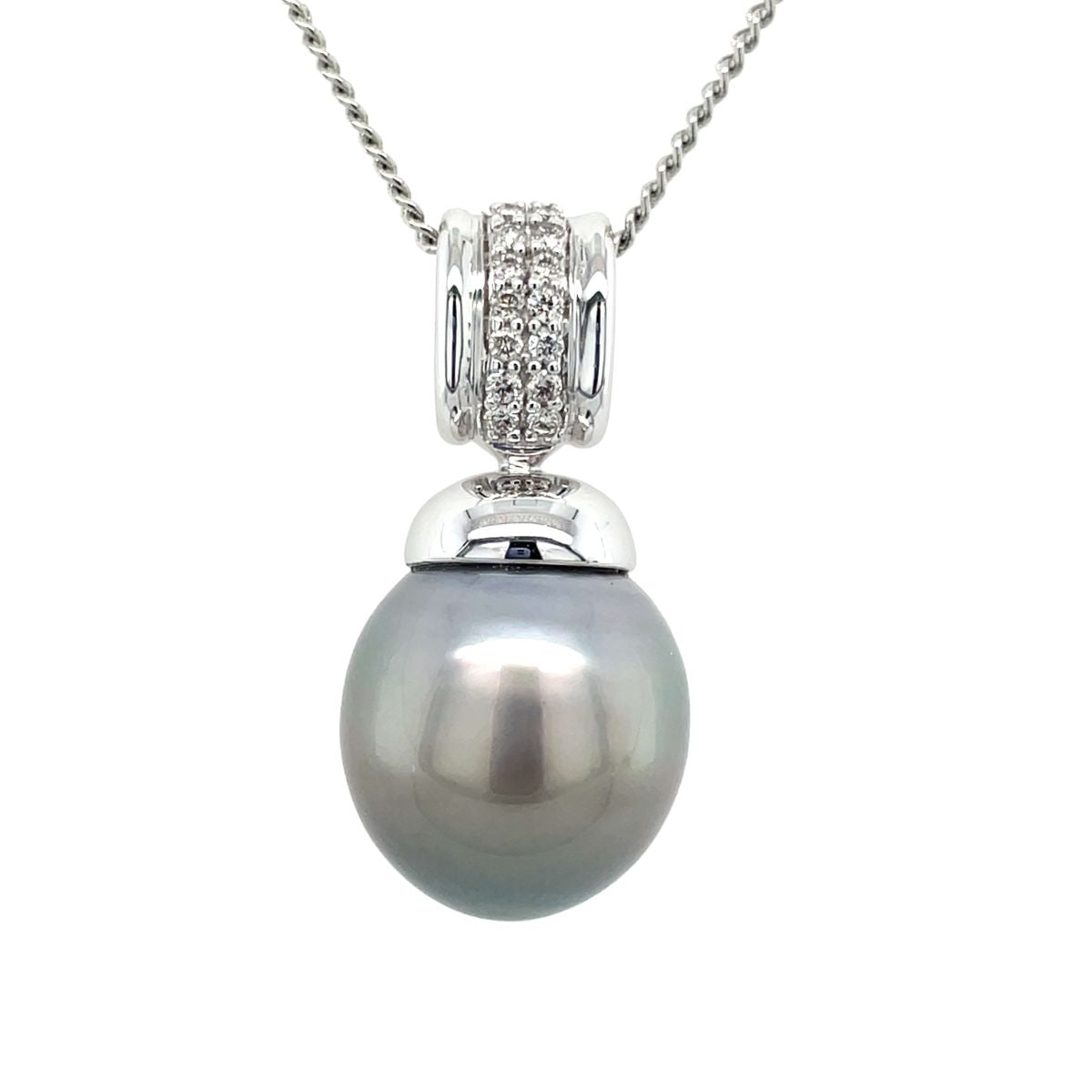 9ct White Gold 13-14mm Tahitian Pearl & Diamond Pendant