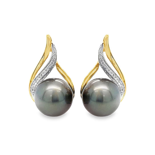 9ct Gold 9mm Tahitian Pearl & Diamond Top Swirl Studs