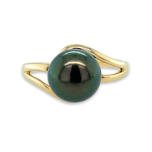 9ct Yellow Gold 9-10mm Tahitian Pearl Spilt Shoulder Wrap Ring