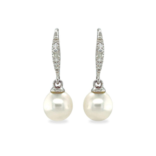 9ct White Gold 8-9mm South Sea Pearl & Diamond Drop Hooks