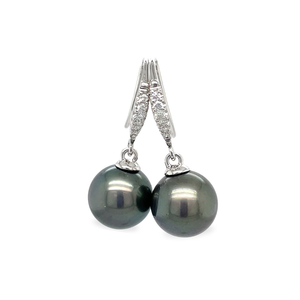 9ct White Gold 10-12mm Tahitian Pearl & Diamond Drop Hooks