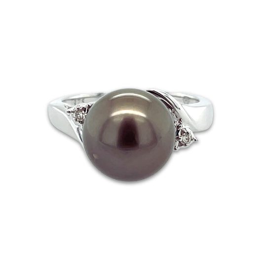 9ct White Gold 9.5-11mm Tahitian Pearl & Diamond Ring