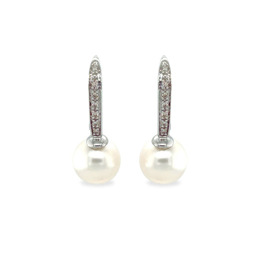 9ct White Gold 8-9mm South Sea Pearl & Diamond Hooks