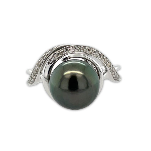 9ct White Gold 10mm Tahitian Pearl & Diamond Ring