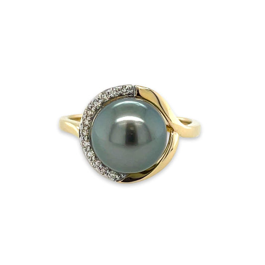 9ct Yellow Gold 9-10mm Tahitian Pearl & Diamond Ring