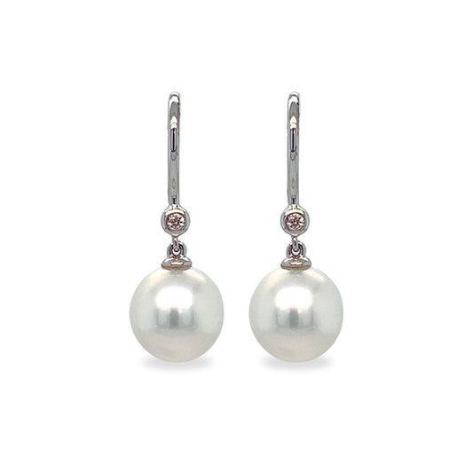 9ct White Gold 9-10mm South Sea Pearl & Diamond Hooks