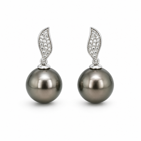 9ct White Gold 10-12mm Tahitian Pearl & Diamond Leaf Studs
