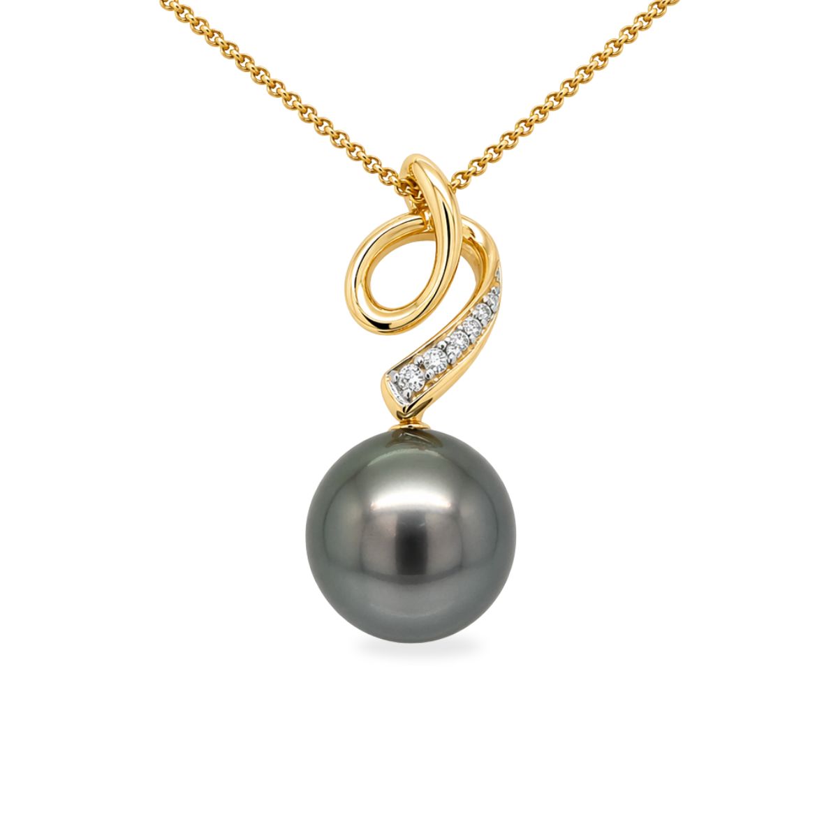9ct Yellow Gold 10mm Tahitian Pearl & Diamond Swirl Pendant