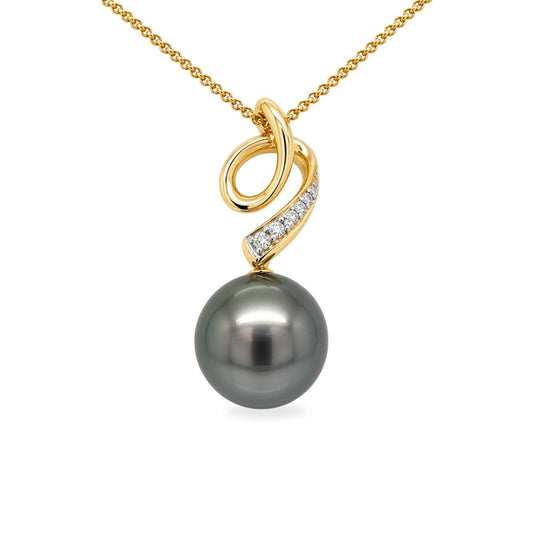 9ct Yellow Gold 10mm Tahitian Pearl & Diamond Swirl Pendant