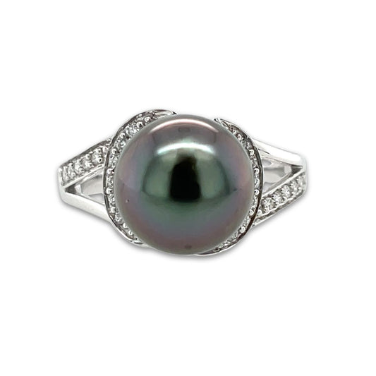 9ct White Gold 10.5mm Tahitian Pearl With Diamonds Ring