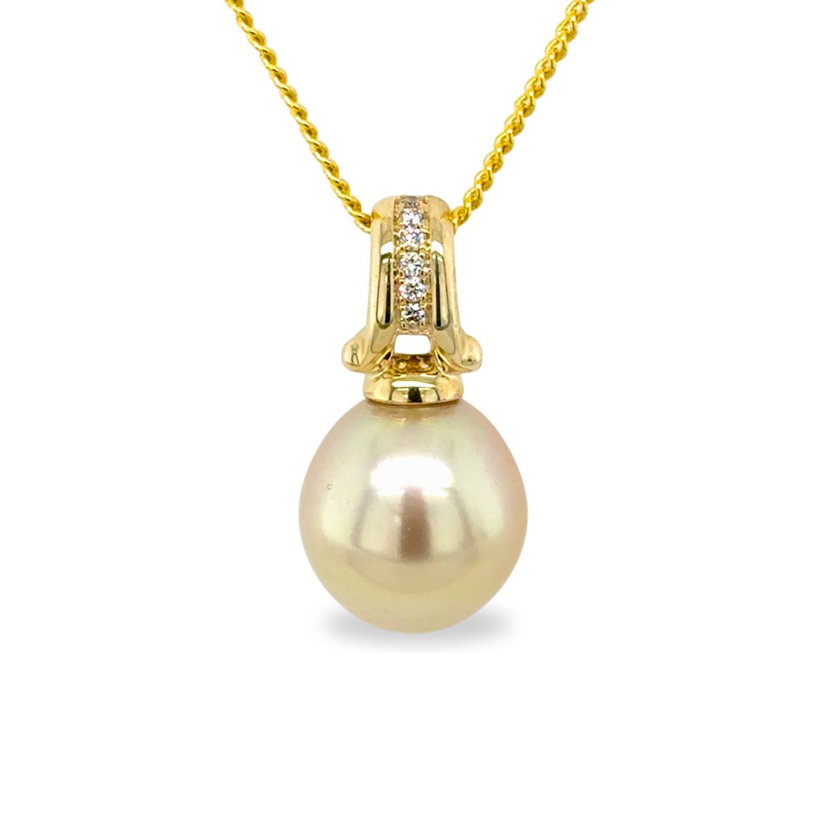 9ct Yellow Gold 12-13mm Gold South Sea Pearl & Diamond Scroll Pendant