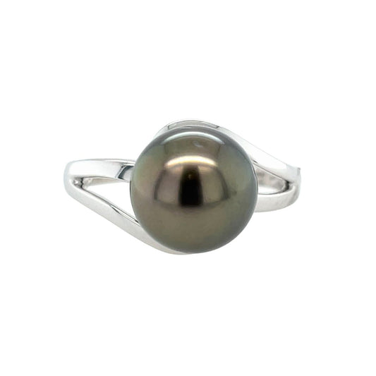 9ct White Gold 9mm Tahitian Pearl Spilt Shoulder Wrap Ring