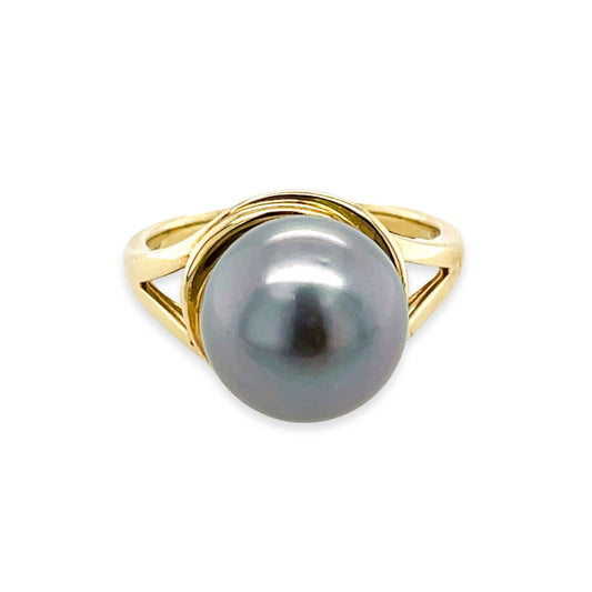 9ct Yellow Gold 10-12mm Tahitian Pearl, Circle Surround Ring