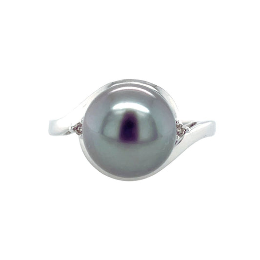 9ct White Gold 9mm Tahitian Pearl & Diamond Ring