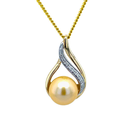 9ct Yellow Gold 9mm Gold South Sea Pearl & Diamond 'Wishbone' Pendant