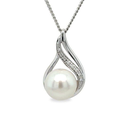9ct White Gold 9-10mm South Sea Pearl & Diamond 'Wishbone' Pendant