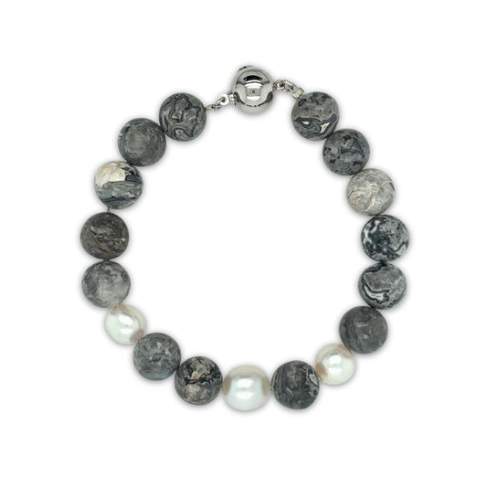 Arafura Collection South Sea Pearl & Grey Picasso Jasper Bracelet