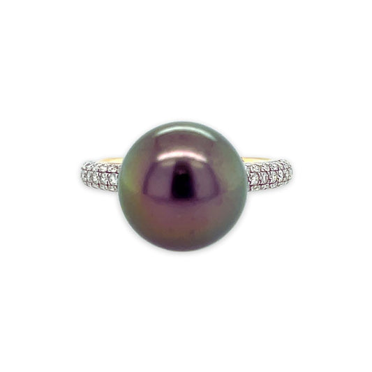 9ct Yellow Gold 10.5-11mm Tahitian Pearl & Pave Diamond Ring